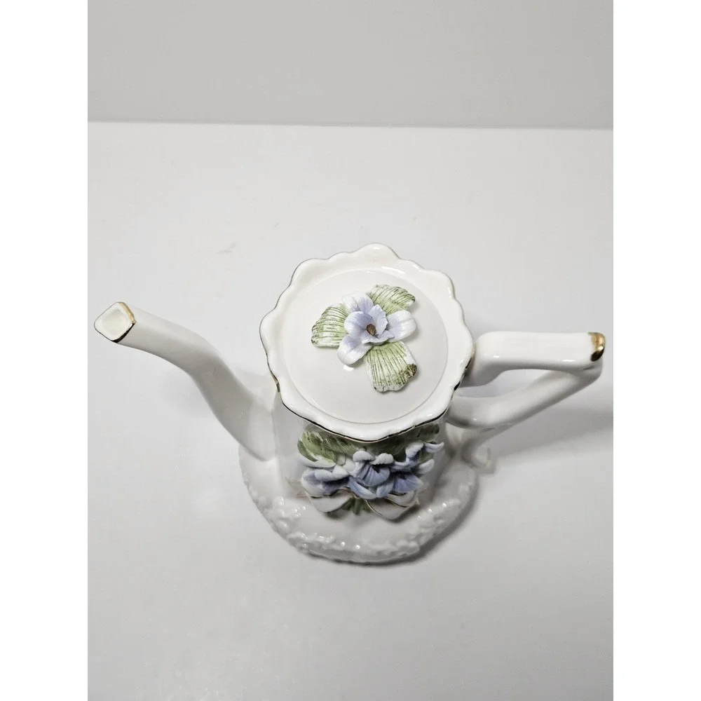 Porcelain Teapot 3D Applied Purple Violet Flowers White Gold Trim Footed Vintage